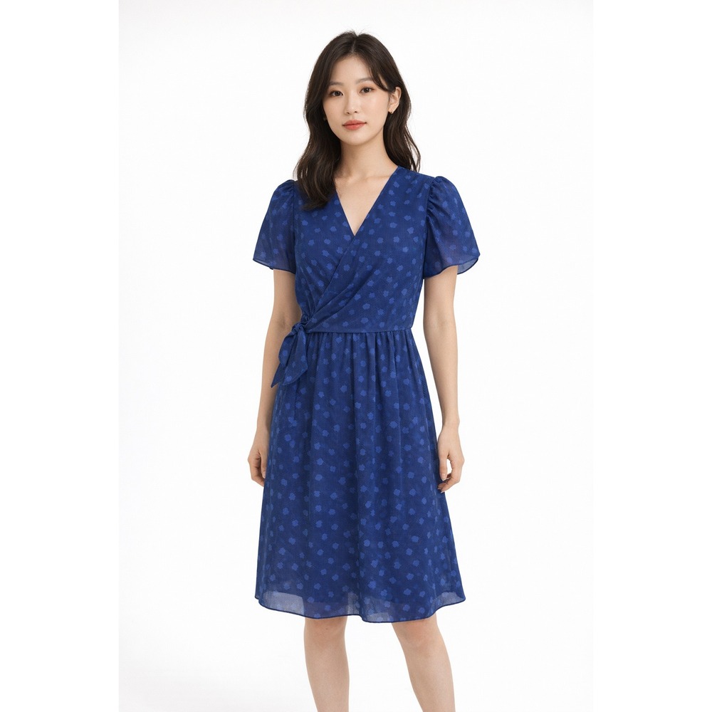 Vintage Royal Blue Faux Wrap Midi Dress Short Puff Sleeve Floral Dot Print 8